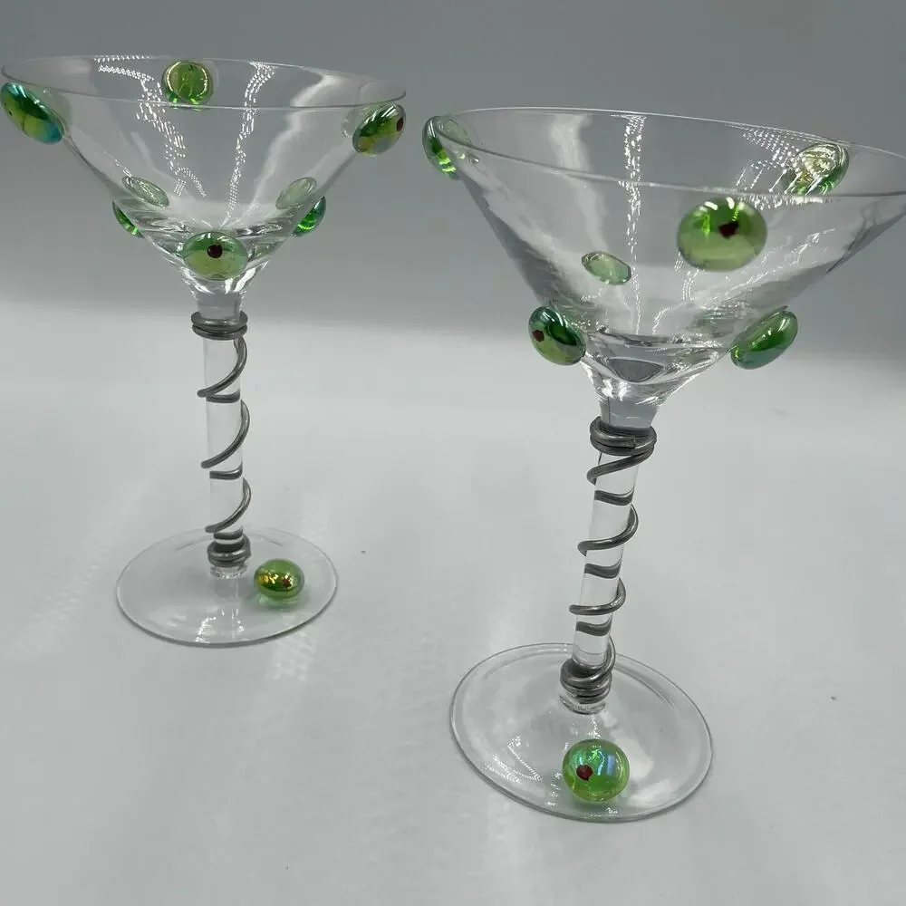 Set of 2 Wire Wrapped Martini Glasses Drinkware with Glass Olives Barware - Picture 1 of 7